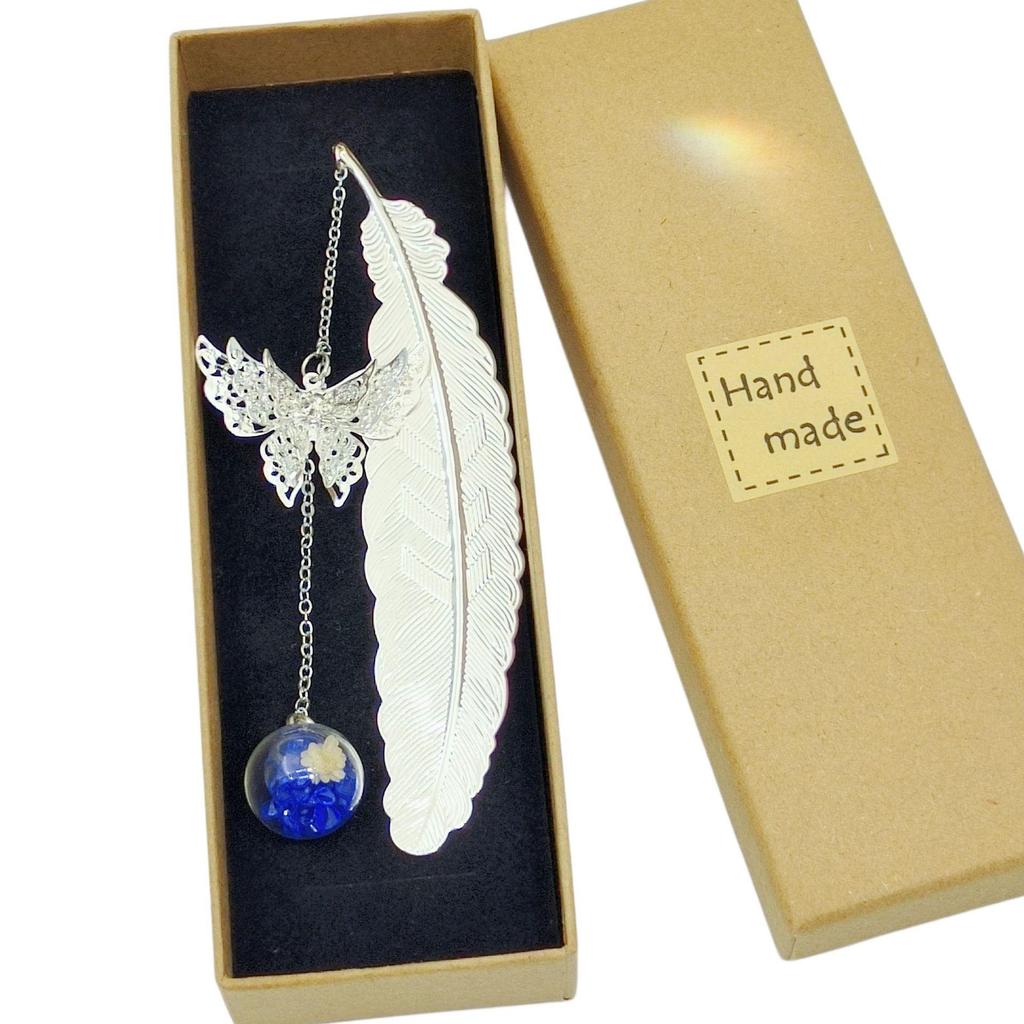 Chinese Style Dried Flower Bookmark with Feather, Metal Butterfly & Tassel - Ideal Teacher's Day Gift