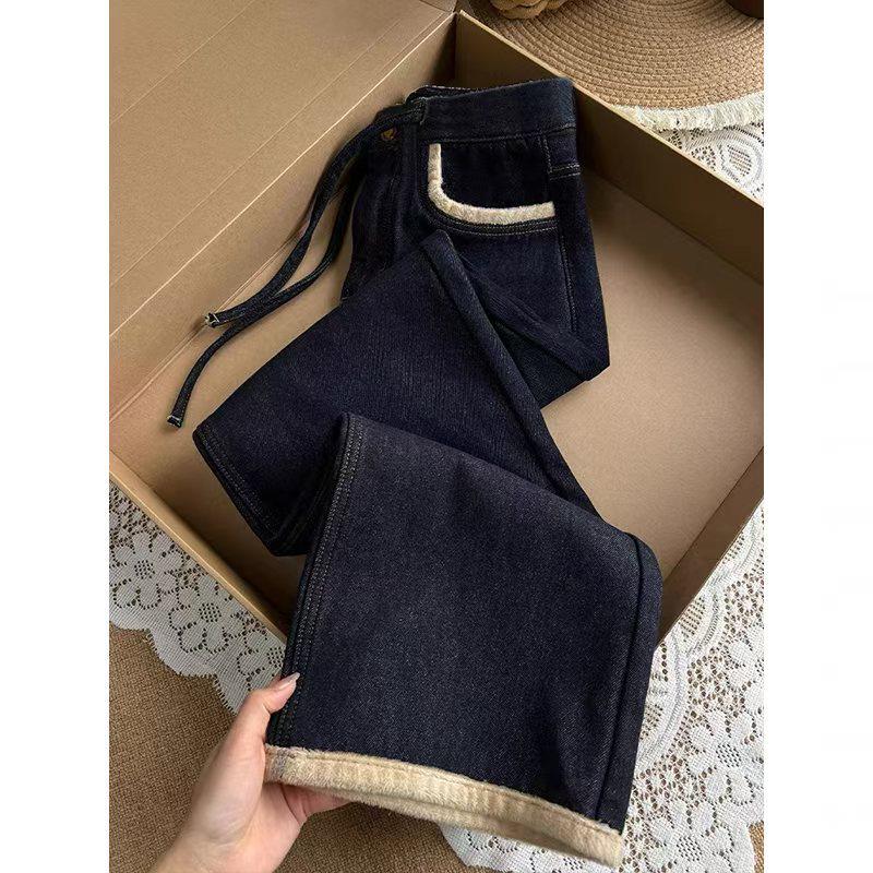 2025 Maternity Dark Blue Velvet-Lined Straight-Leg Jeans - Slimming, Loose Fit, Wide-Leg XL
