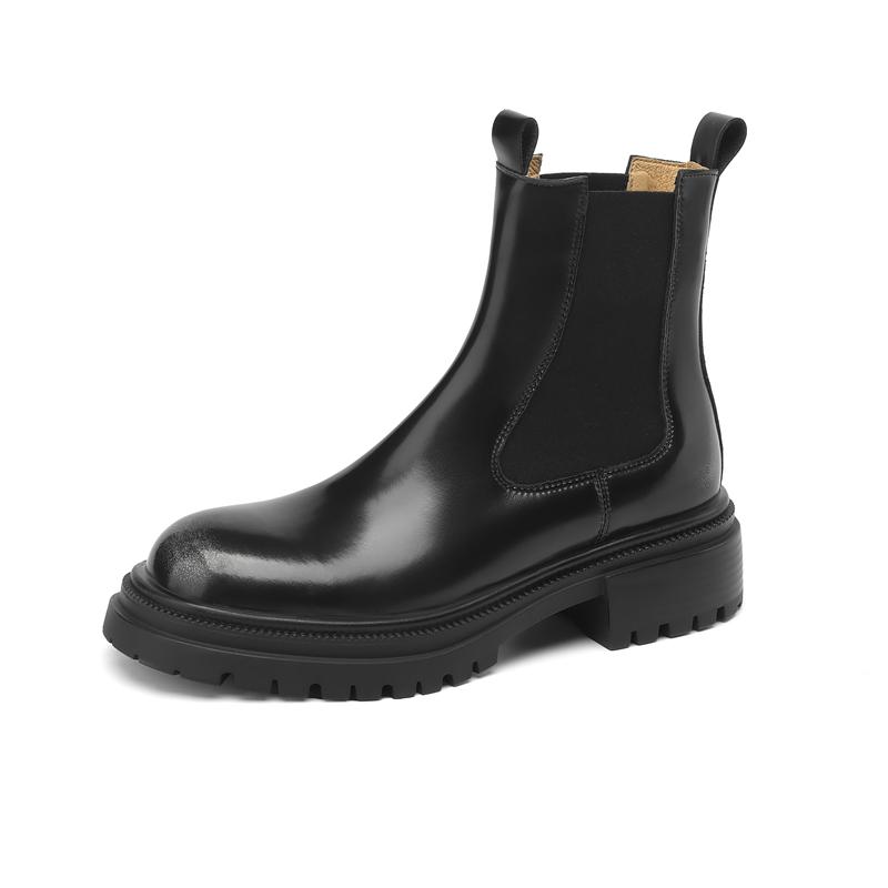 Fashion Women's New Autumn/Winter Round Head Genuine Leather Cowhide Elastic Mid Heel Thick Bottom Large Leg Chelsea Short Boots
