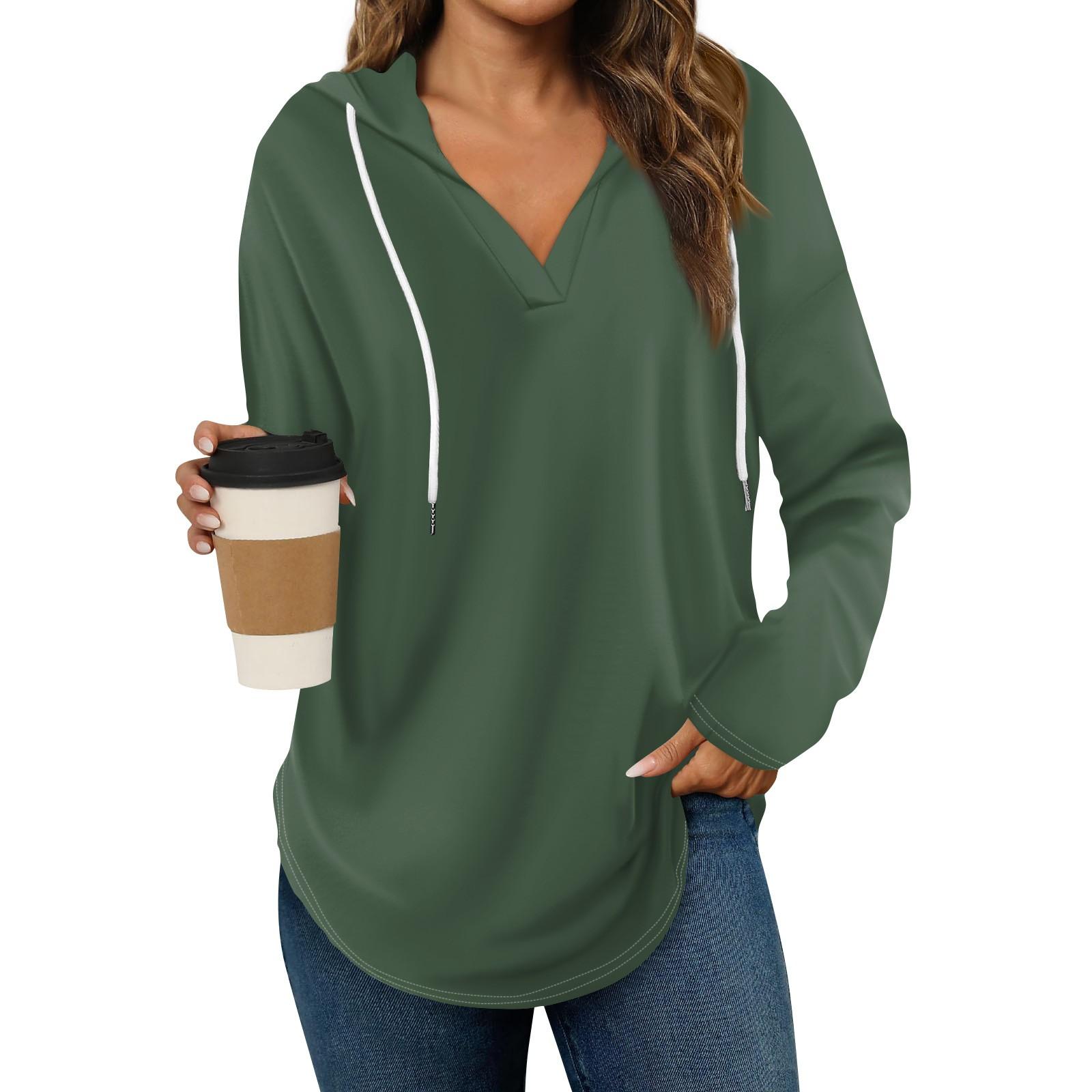 

Women s Fashion Hoodies V Neck Long Sleeve Solid Drawstring Casual Loose Pullover Tops L