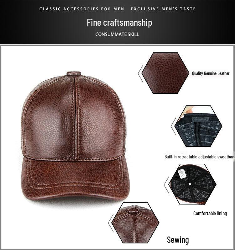 Men's Genuine Leather Baseball Cap - Winter Warm Flat Cap for Middle-Aged & Elderly