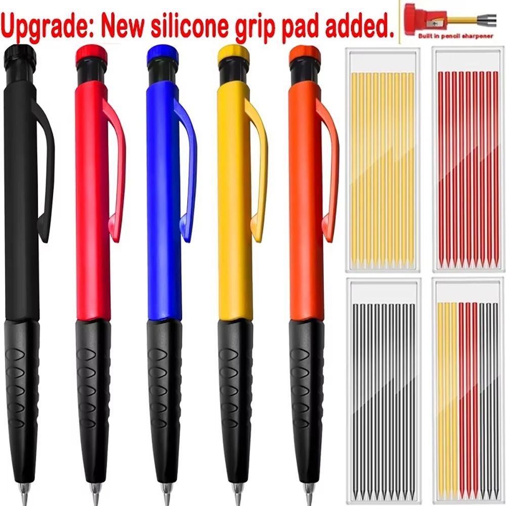

1Set Deep Hole Marking Mechanical Pencil Solid Carpenter Pencil Woodworking Construction Black-6PCS Refill