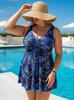 European & American Plus Size Tankini Two-Piece - Fat-Reducing Swim Skirt with Drawstring and Printed Briefs (Dark Blue).