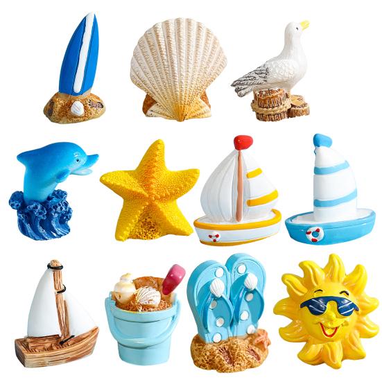 3/11Pcs/Set Miniature Seaside Theme Toy Kit Mini Resin Surfboard Seashell Seabirds Dolphin Starfish Boats Bucket Shoes Sun Model Summer Beach