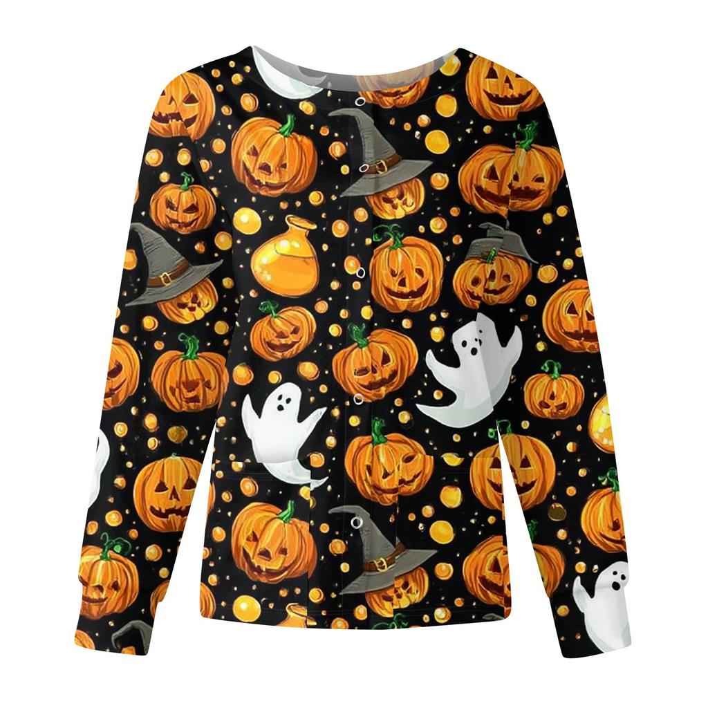 Women's Casual Fashion Long Sleeve Standing Collar Single Breasted Halloween Printed Workwear Jacket Tops