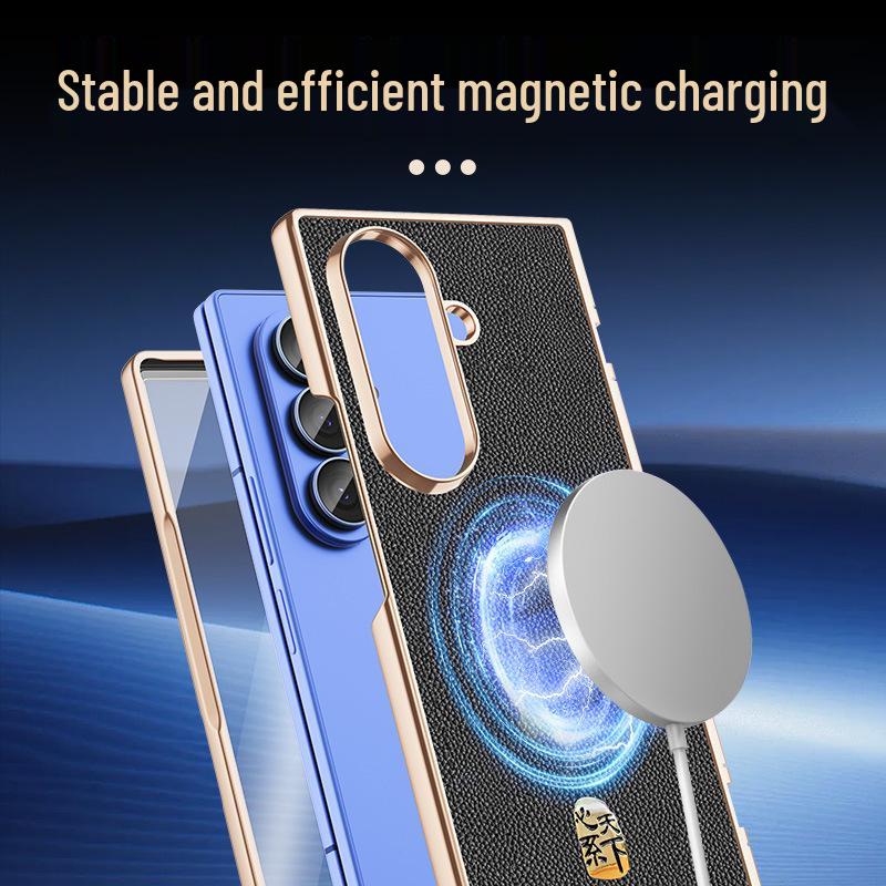 Genuine Leather Magnetic Phone Case for Samsung Z Fold7/6 - Electroplated Lychee Pattern Protective Shell with Integrated Film.