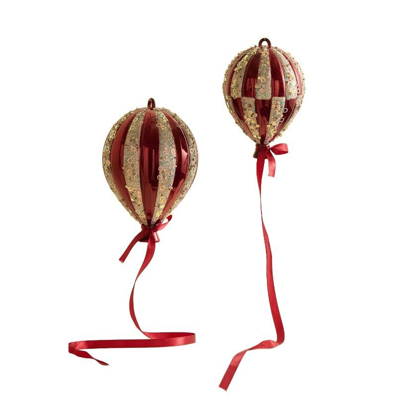 Christmas Hot Air Balloon Pendant - Burgundy Champagne Hand-Painted Ball Ornament for Tree Decor, Artistic Holiday Decoration