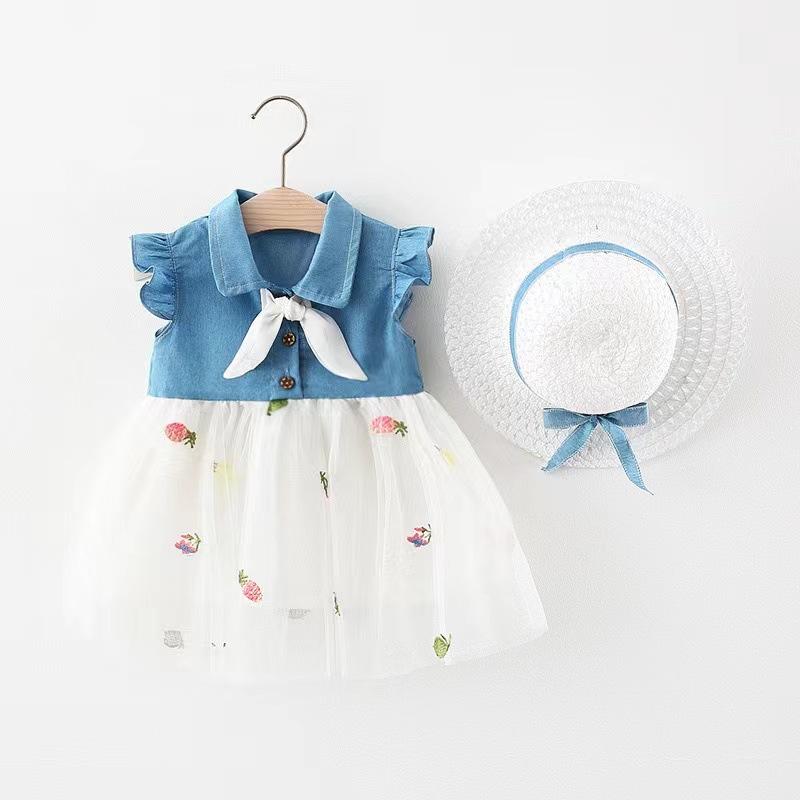 Girls Summer Denim And Tulle Spliced Princess Dress Sweet Cute Children Skirt