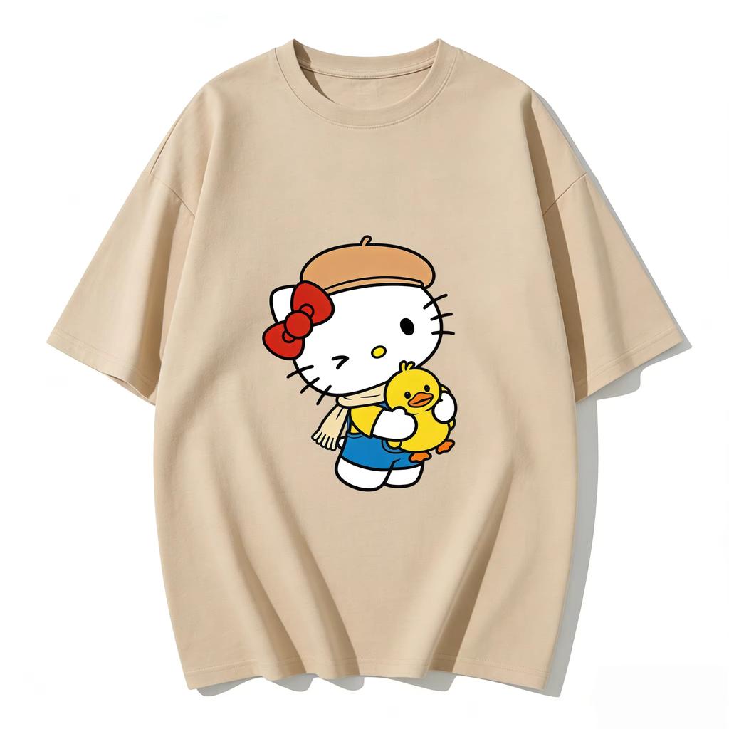 2026 New Summer HelloKitty Cute Graphic Tee Casual Short Sleeve Cotton Top for Women Girls Kawaii Cartoon Print Streetwear