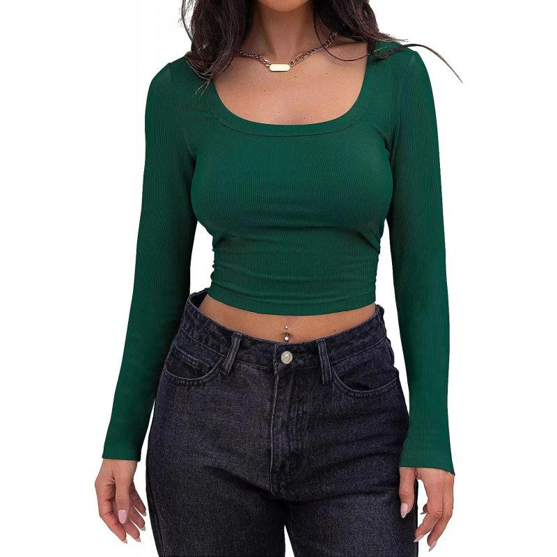 Spring women's tops slim fit short long sleeve square neck T-shirt for hot girls casual and versatile