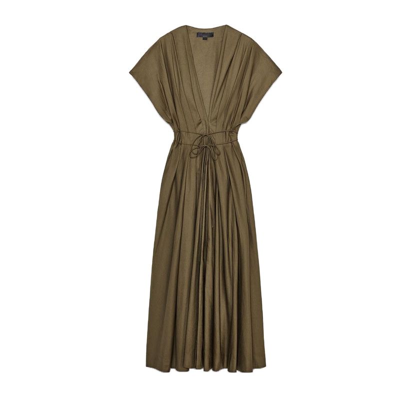 Summer New Product Women's Clothes Cotton Blend V Neck Short Sleeve Pleated Trim Midi Skirt Dress 2965260 2965278