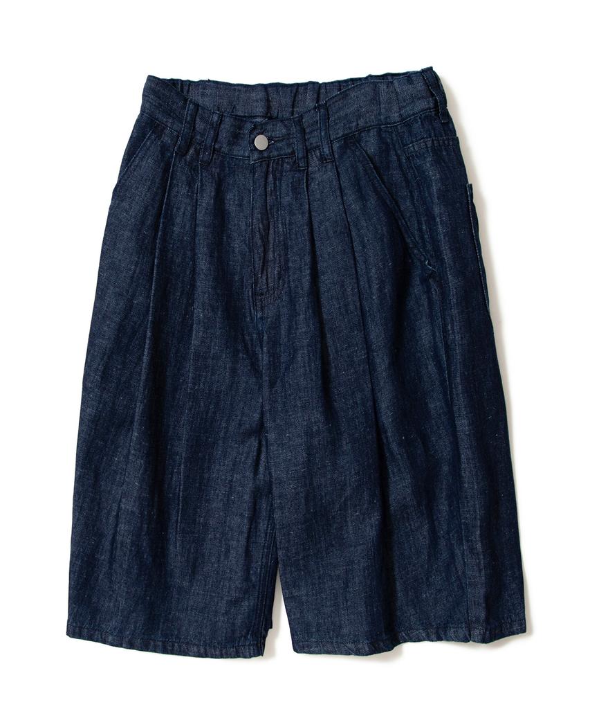 AOTT Linen Denim Wide Double-Pleat Bermuda Pants Dark Blue