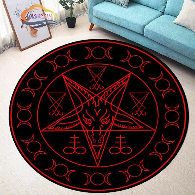 Pentagram Carpet Moon Satanic Round Rug Skull &  , Wicca  White  On Black  Goth Home Decor Chair Mats