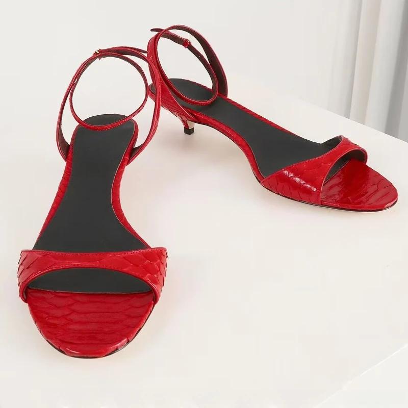 Fashion Red Kitten Heel Brand Women Sandals Sexy Open Toe Ankle Strap Buckle Designer Shoes Elegant Shallow Office Shoe Zapatos De Mujer