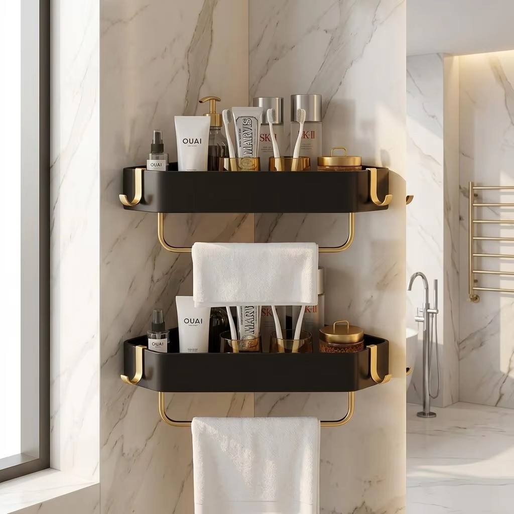 Bathroom Storage Rack, Corner Wall-mounted, No-drill, for Toilet and Washbasin, Shower Shelf, Black and Gold Triangular Basket