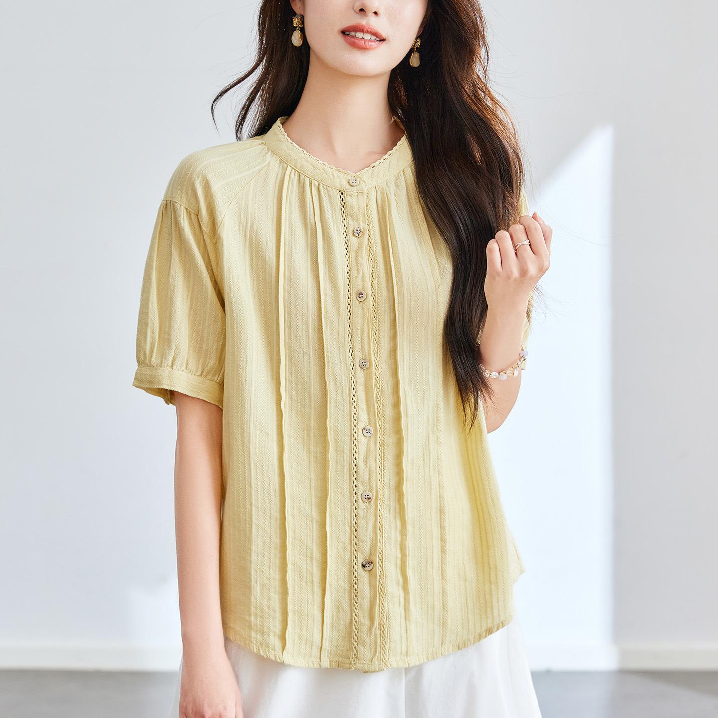 

Accordion Pleated Goose Yellow Short-sleeved Shirt for Women In Summer New Texture and Temperament Versatile Small Shirt M