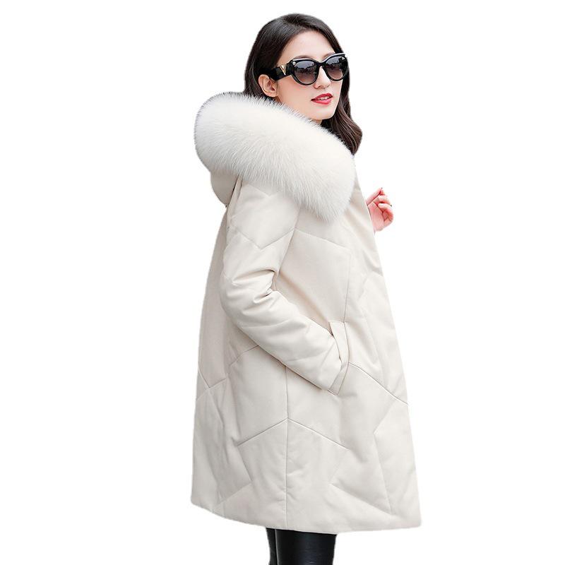 Women's Mid-Length 2025 Winter Sheepskin Down Jacket with Genuine Leather and Fox Fur Hood Collar