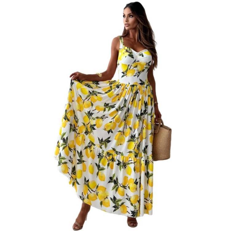 Summer's New Women's Printed Cinched Waist Halter Dress with A Large Skirt