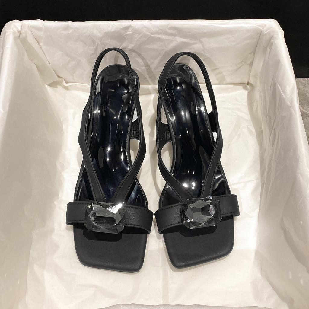 Square head crystal high heel cool slippers women's 2025 summer French temperament sexy rhinestone open toe wearing silver sandals