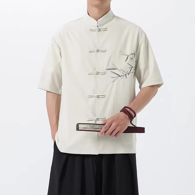Men Hawaiian Shirt 2026 Men Short Sleeves Bamboo Embroidered Shirt Male Frog Button Tops Summer Beach Casual Chinese Shirts