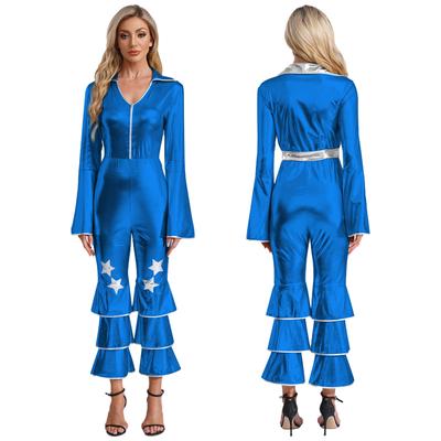 Women Girls 70s 80s Disco Dancer Theme Party Costume Sparkle Long Sleeve Flared Jumpsuit Retro Hippie Outfits Dancewear