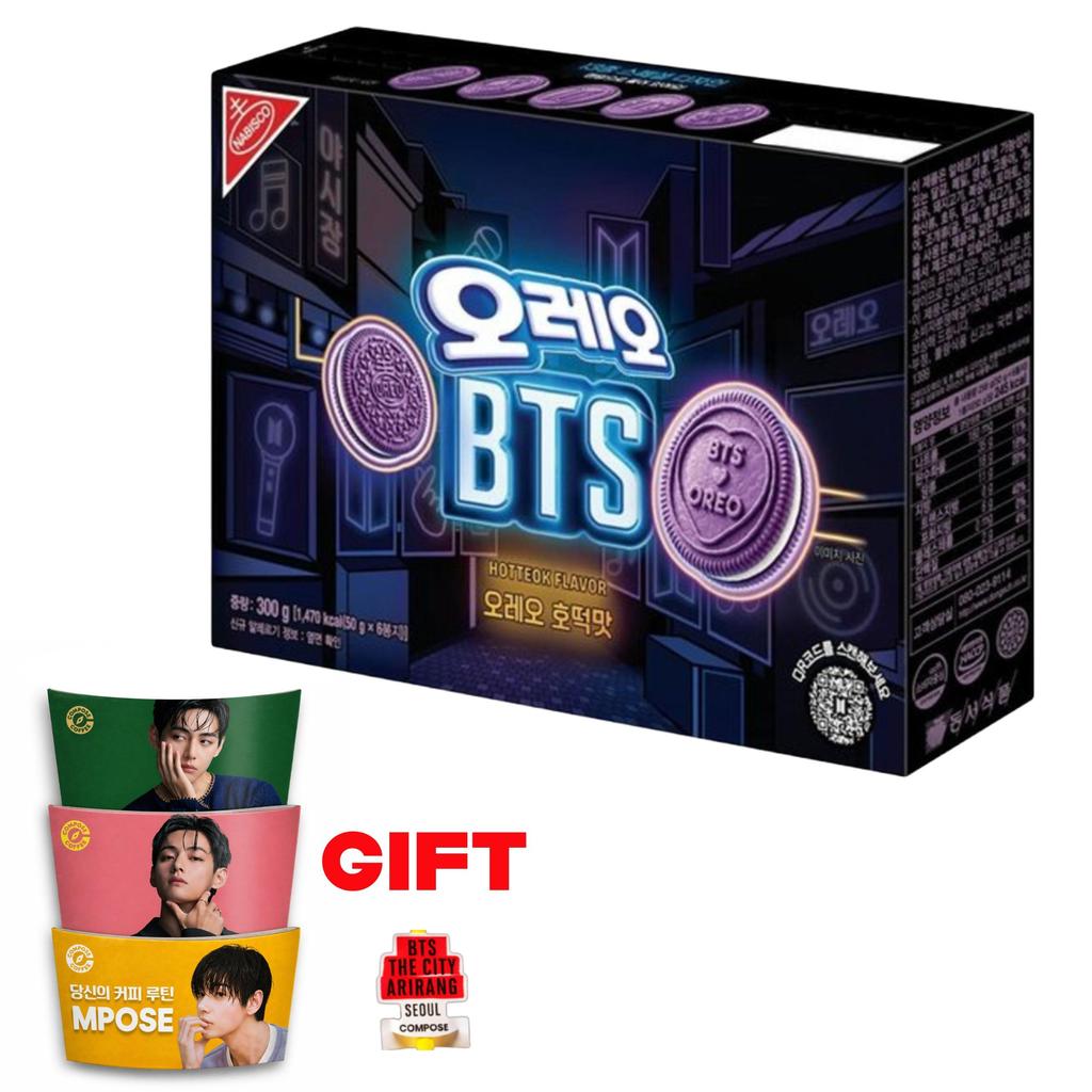 Hotteok Edição Limitada BTS x Oreo (Panqueca Doce Coreana) Conjunto de Presente com 3 Tipos de Manga para Copo Flavor Cookie + BTS V