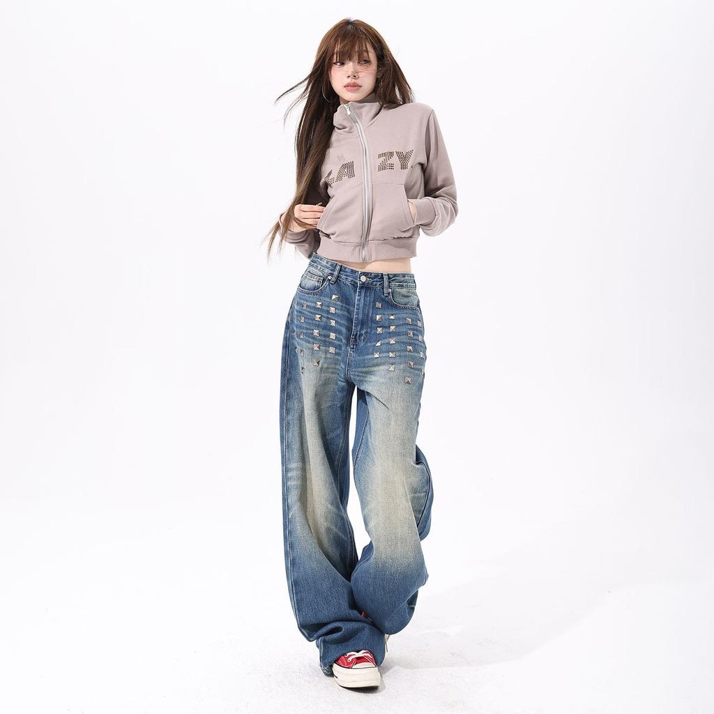 Spring Niche Street Rivet Button Relax Wide Leg Denim Pants For Women Casual Pants Oversize Denim Trousers