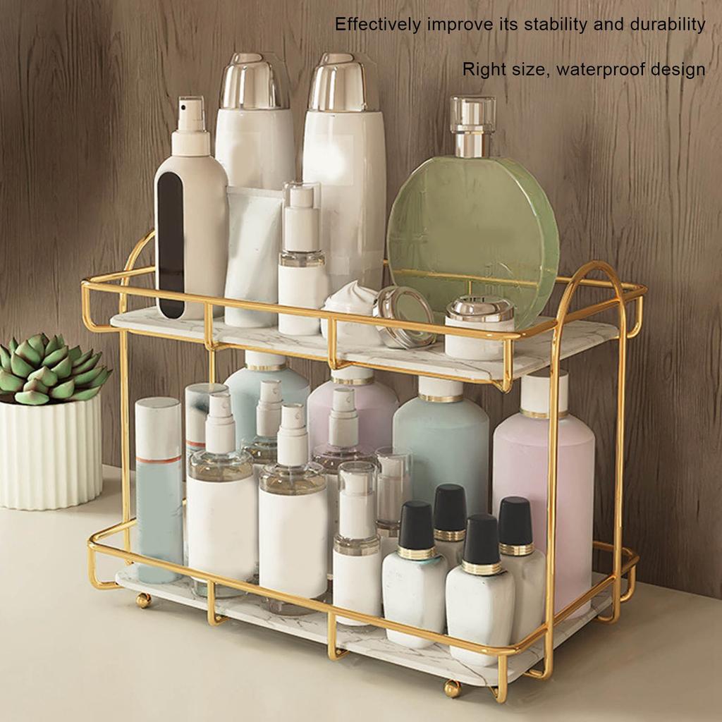 Bathroom Storage Rack Gold White 2 Tier Makeup Shelf Humanized Structure Anti Slip Counter Organizer Bathroom Counter Organizer
