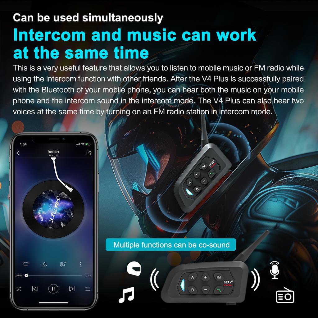 EJEAS 4PCS V4 Plus Motorcycle Helmet Intercom Bluetooth Headset Wireless Full Duplex Waterproof FM Radio Group Talking Interphon