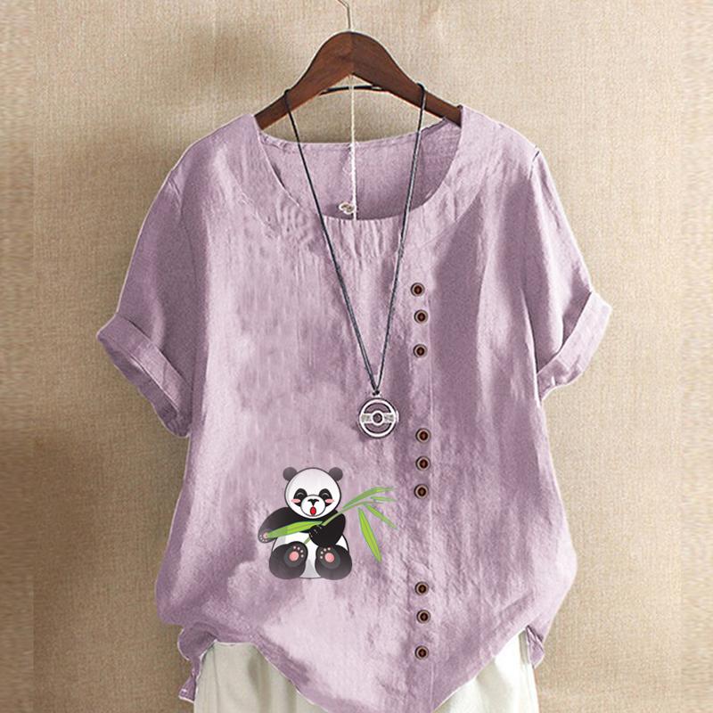Women's Fashion Panda Print Short Sleeve T-shirt Loose Cotton Shirt Casual Loose Summer Blouse Tops Plus Size