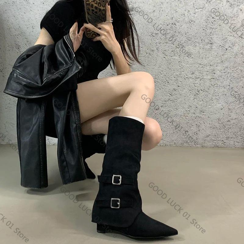Fashion 2025 Vintage Suede Women Trouser Legs Boots Fashion Belt Buckle Slip On Shoes Autumn Winter Wedges Heel Ladies Long Booties