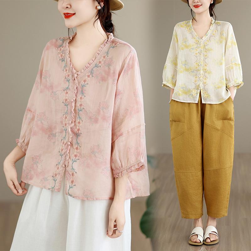 DIMANAF 2026 Summer New Plus Size Women Blouse Shirt Elegant Vintage Print Floral Lady Tops T-Shirt Cotton Clothing