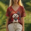 Summer Women's T-Shirt Oil Painting Puppy Print Casual Short-Sleeved 3d T-Shirt Fashion Street Wear V-Neck Pullover Oversized Wo