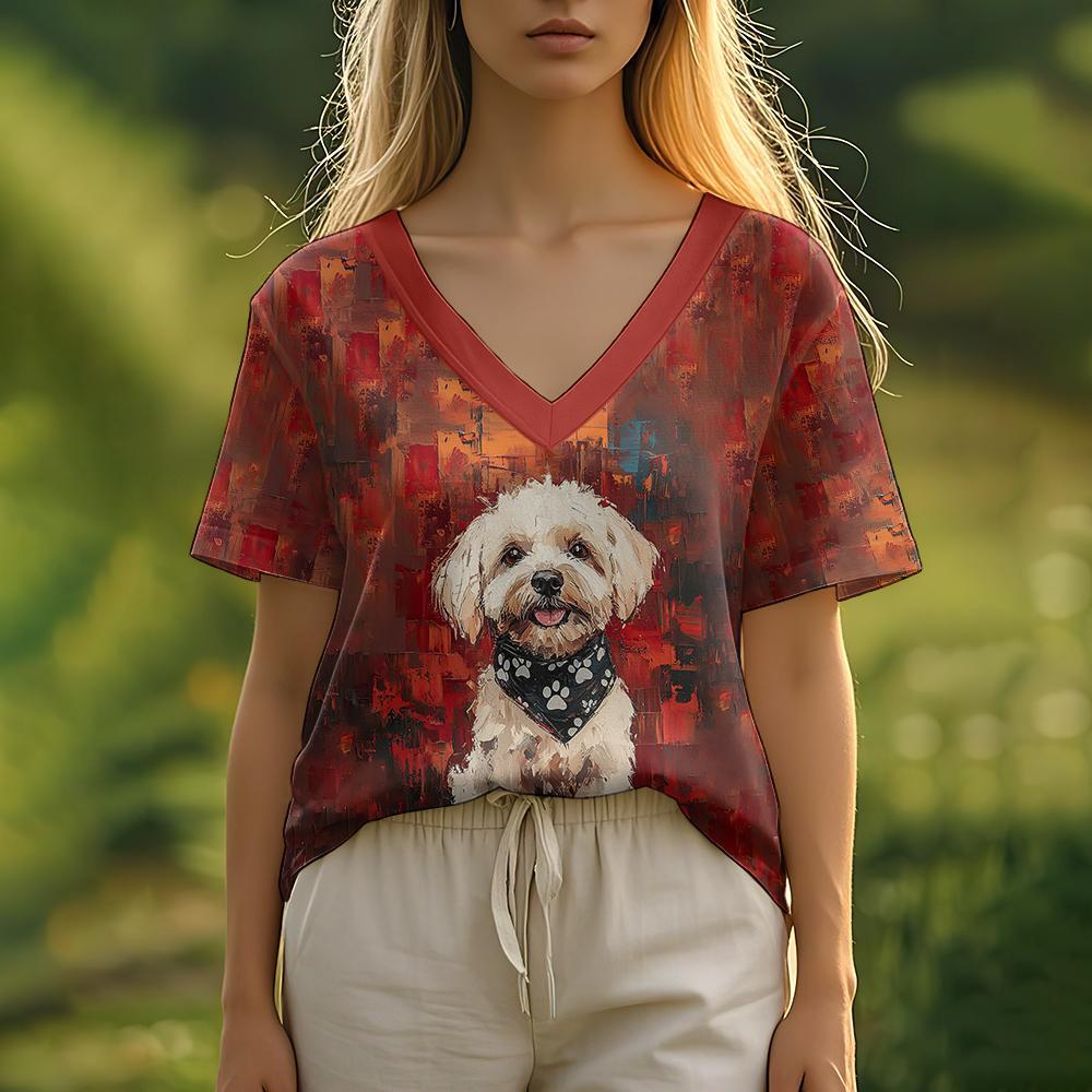 Summer Women's T-Shirt Oil Painting Puppy Print Casual Short-Sleeved 3d T-Shirt Fashion Street Wear V-Neck Pullover Oversized Wo
