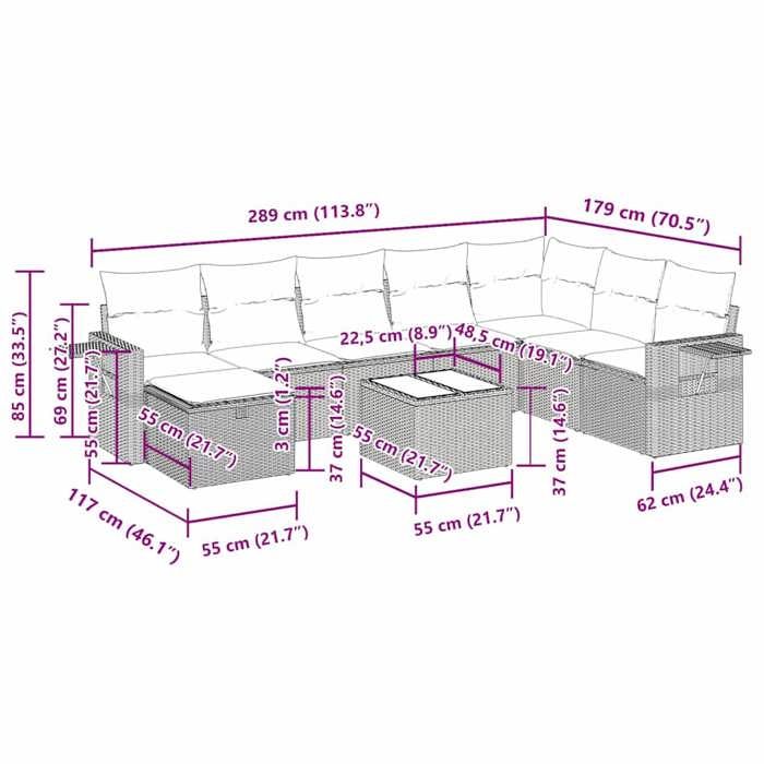 VidaXL Salon de jardin avec coussins 9 pcs marron résine tressée 3325549