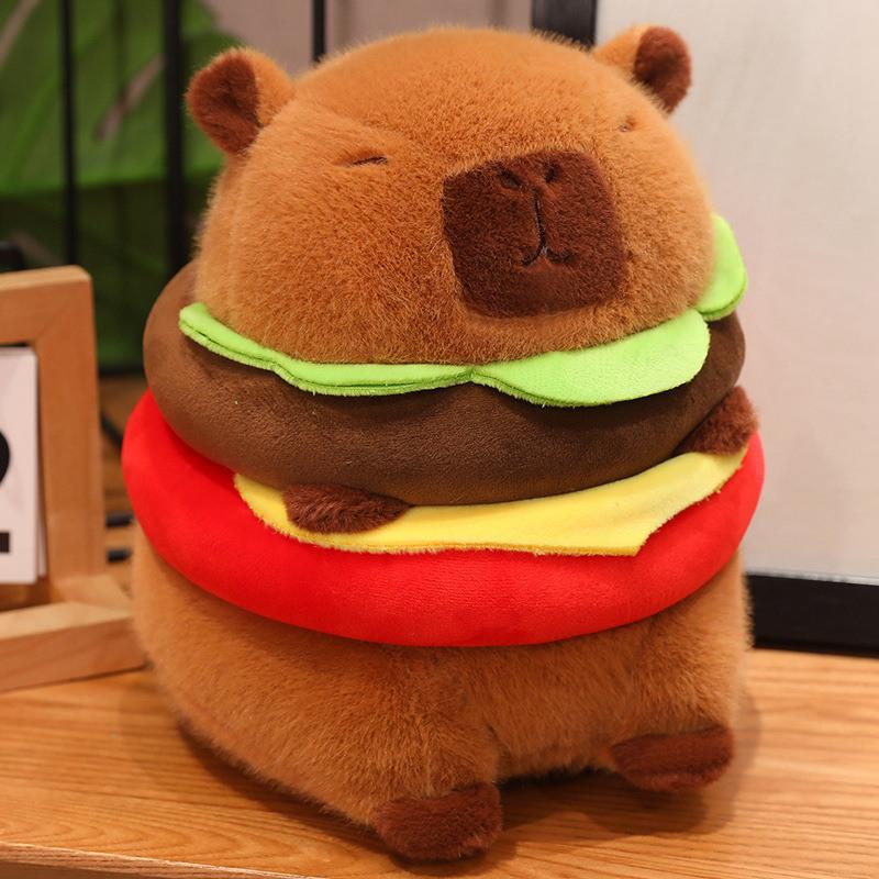 Kawaii Capybara With Hamburger Swimming Ring Plush Stuffed Toy Simulation Animal Doll Pillow Children's Toy Birthday Gift