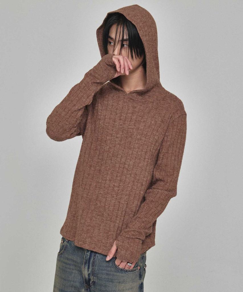 KICHUL Cozy Ribbed Knit Hoodie (Brown)