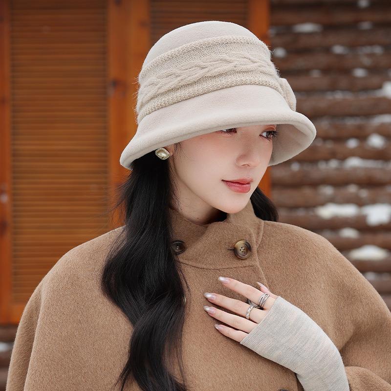 Women S Vintage Bowknot Bucket Hat Warm Fall Winter Elegant Face Slimming Hat