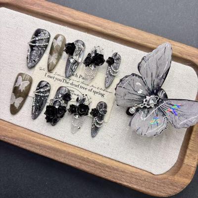 11 Fingers Dark Butterfly Medium Length Handmade Pointed Nails