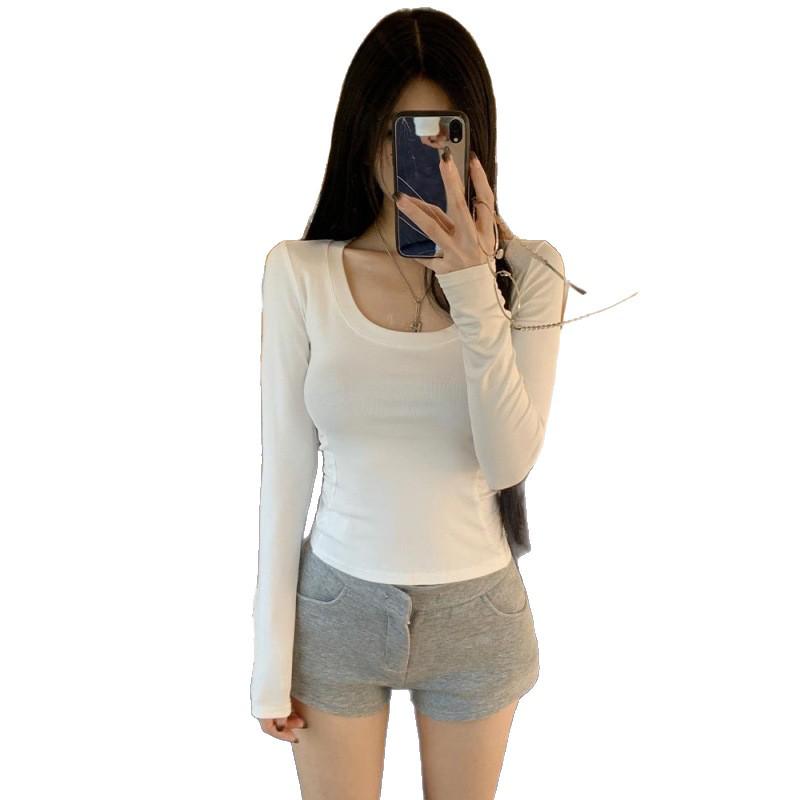 Women's U-Neck Cropped Long-Sleeve T-Shirt - Spring/Autumn Style