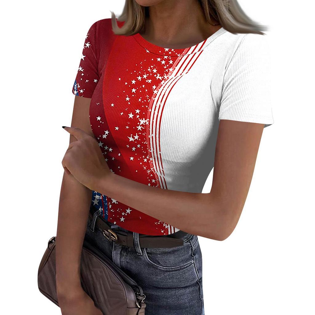 Women's Casual Fashion Round Neck Independence Day Print Short-Sleeve Ribbed Top