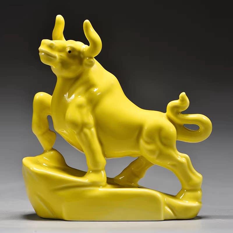 Earthy Yellow Ceramic Zodiac Ox Figurine: Soaring Spirit Auspicious Mascot for Home Relaxation