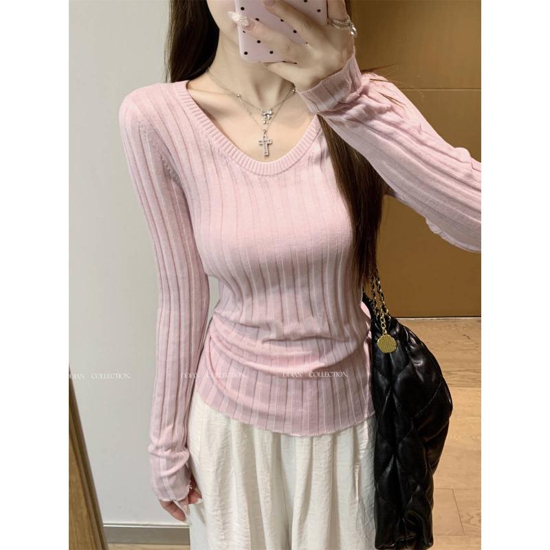 Sweet collar slim fit pure desire to look thin knitted bottoming shirt autumn pit strip age reduction inner top sweater
