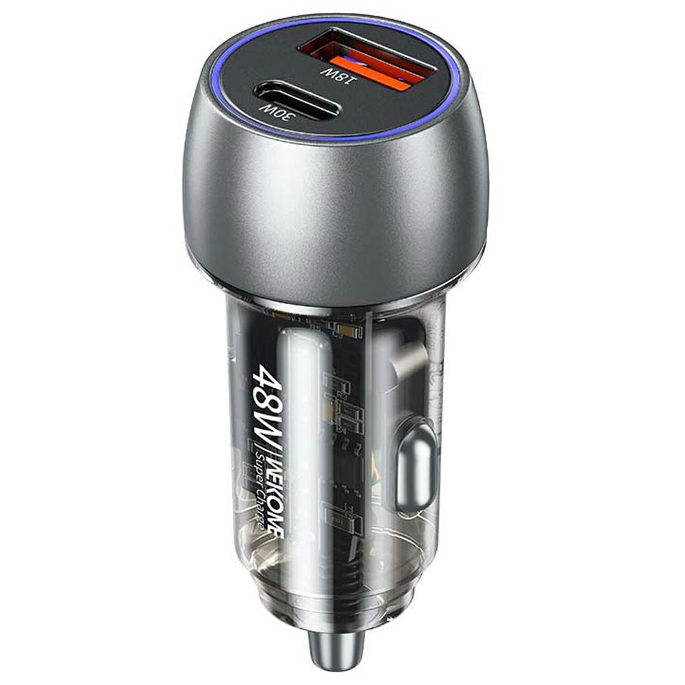 

WEKOME WP-C53 48W Car Charger Aluminum Alloy+Transparent PC Shell Dual USB A+C Port Fast Charging Adapter Silver