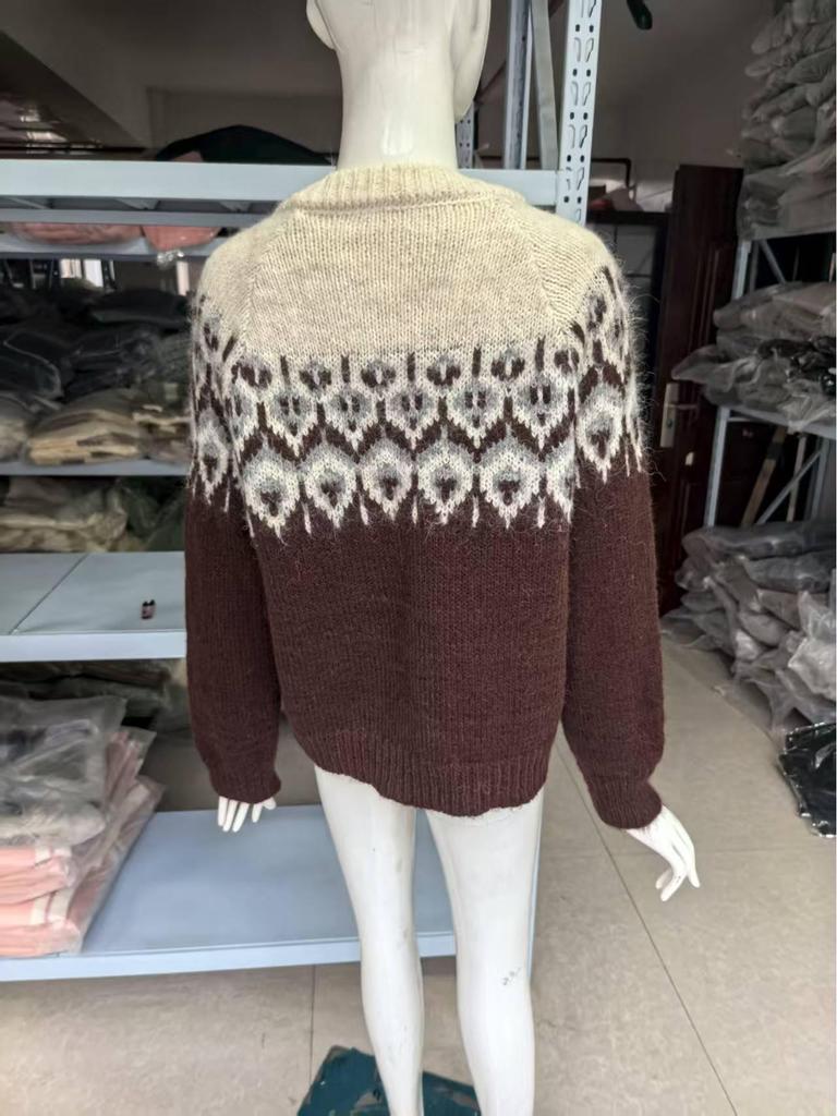 Women's Retro Fair Isle Color Block Knit Cardigan - Korean Style, Thick and Cozy for Autumn/Winter