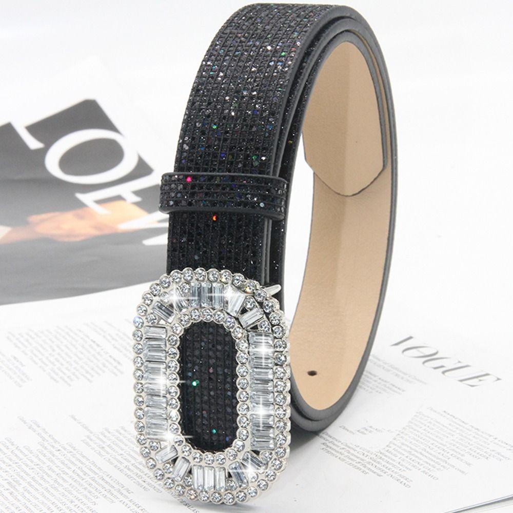 Versatile Sparkling Rhinestone Belt Bling Bling Slide Buckle Belt Fashion PU Leather Belt  Women