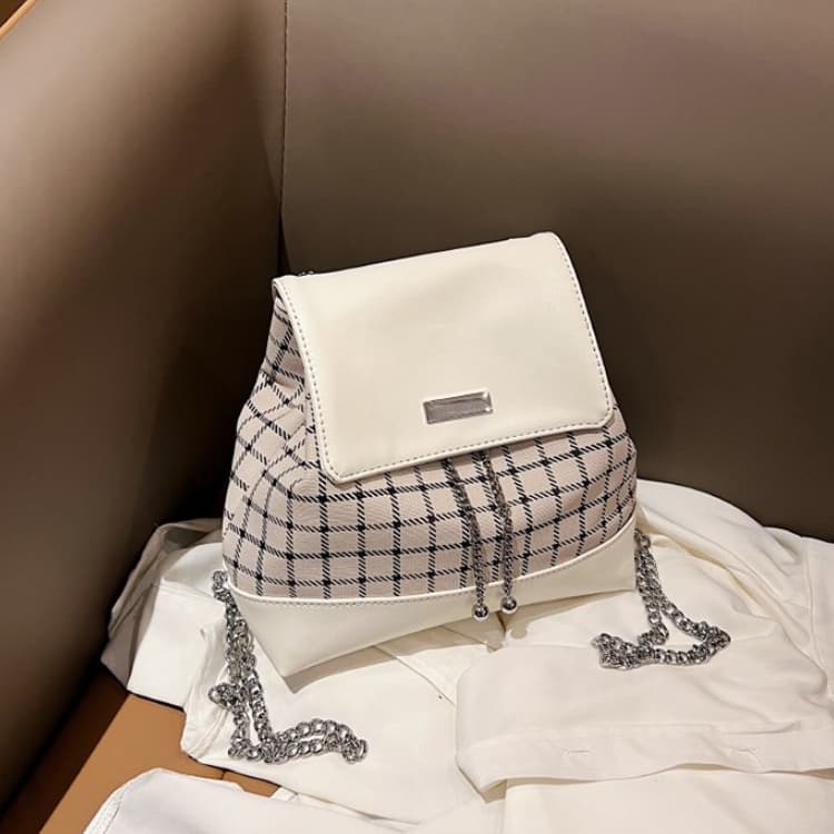 Off-white plaid leather flip drawstring chain backpack белый