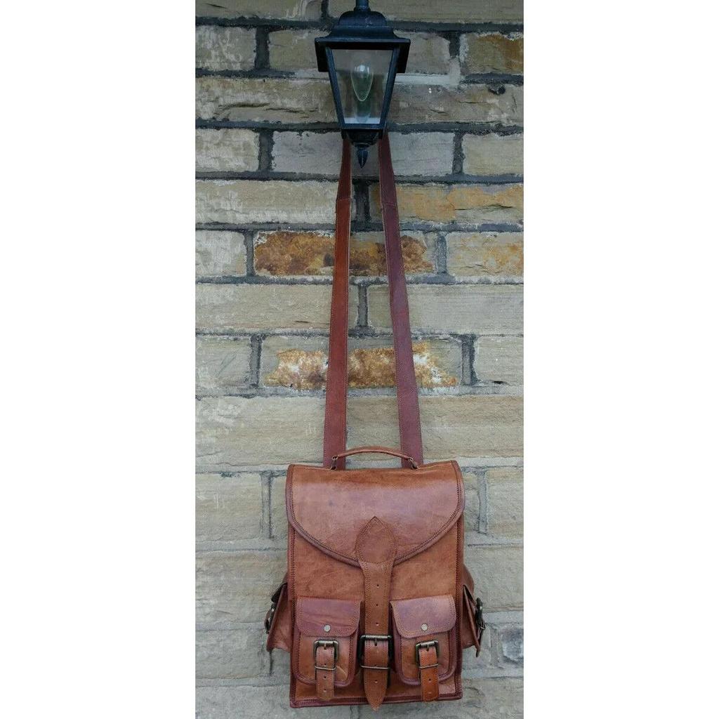New Genuine Brown Men's Leather Goat Bag Laptop Rucksack Vintage Travel Backpack