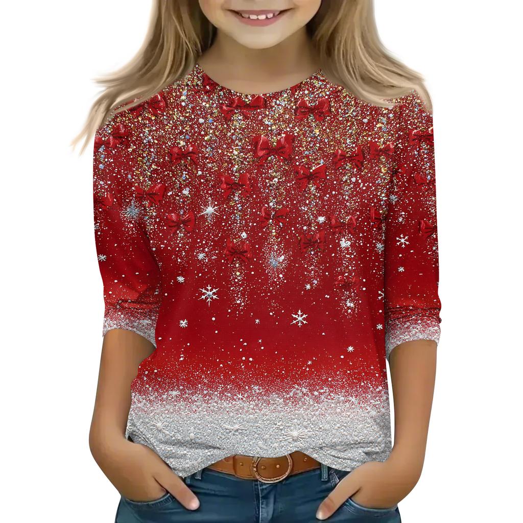Christmas Day Print Tops For Youth Girls 4-11 Years Round Neck 3/4 Sleeves T-Shirts Trendy Tops Outfit Tees