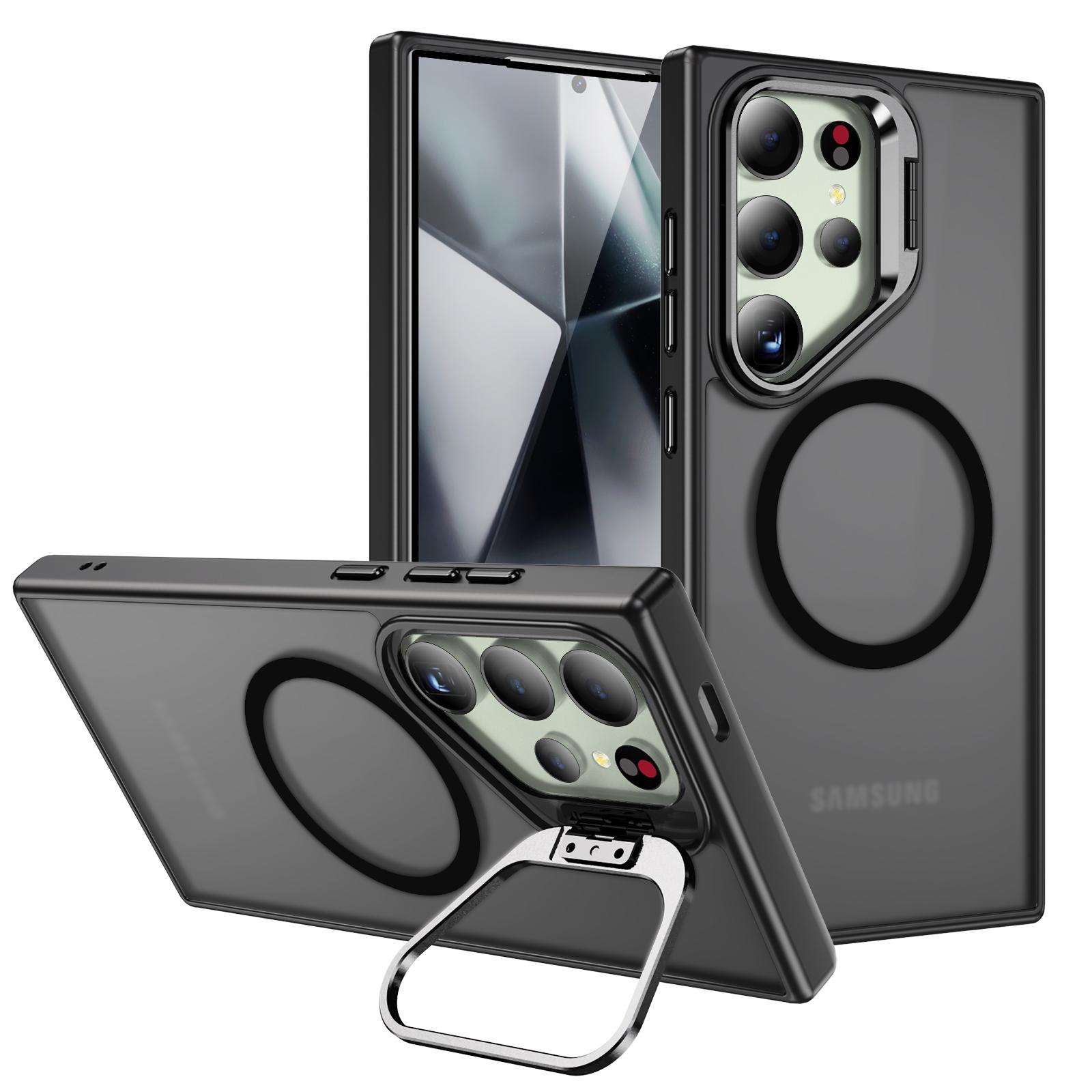 

For Samsung Galaxy S25 Ultra Magnetic Case with Lens Kickstand Skin-Touch PC+TPU Phone Cover Grey